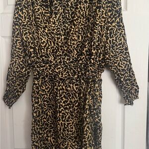 Adrianna Papell Black and Tan Leopard Print Silk Dress